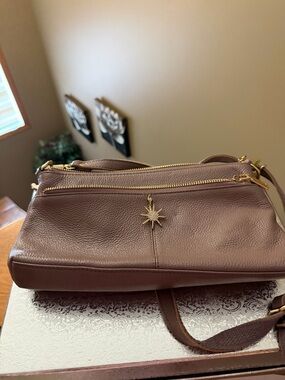Gold Star Accent Taupe Leather Crossbody Bag